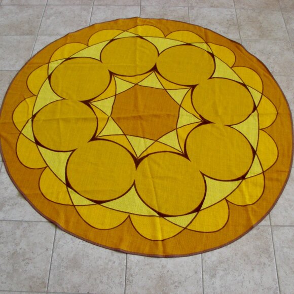Vintage MCM 70s Round Tablecloth Orange Yellow Brown Geometric Pattern Germany - Picture 1 of 11